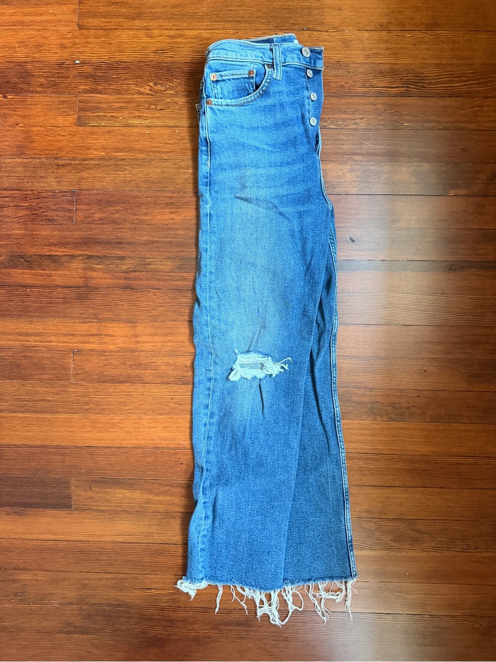Re/Done High-Rise Distressed Stovepipe Blue Jeans
